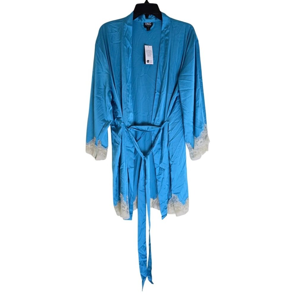 I.N.C. Womens Cyan Blue Lace Trim Long Robe With Tie Belt Medium